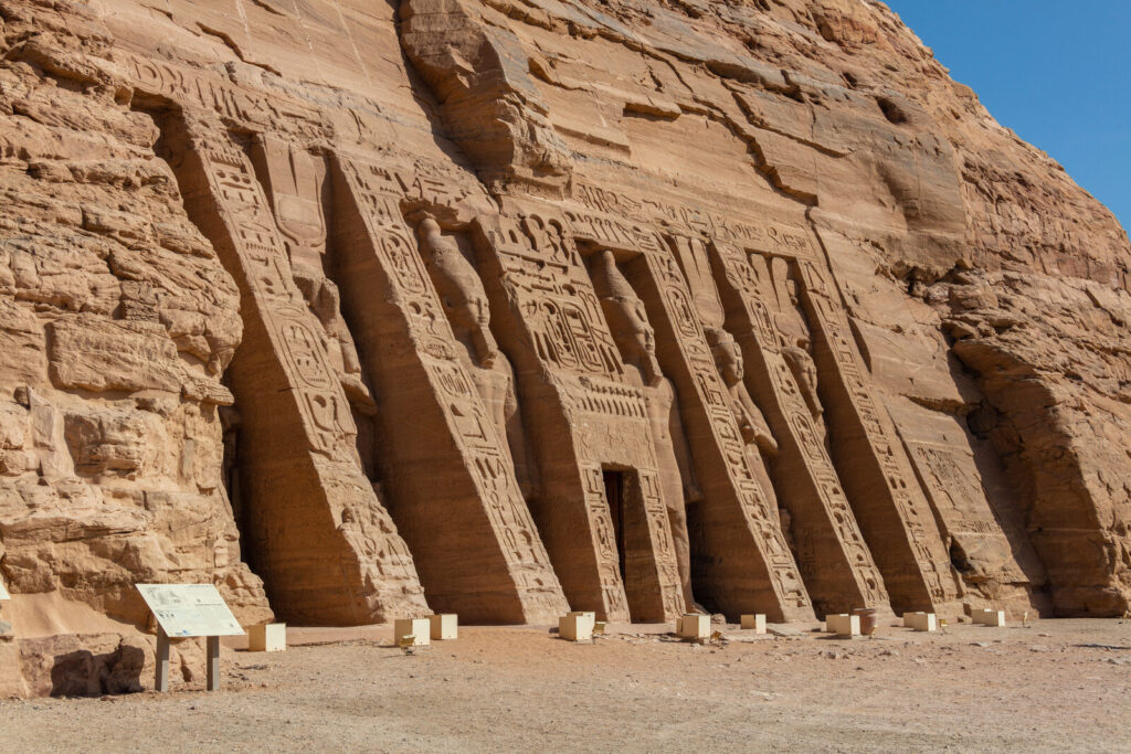 Colossal rock-cut statues at the Temple of Nefertari, Abu Simbel, southern Egypt