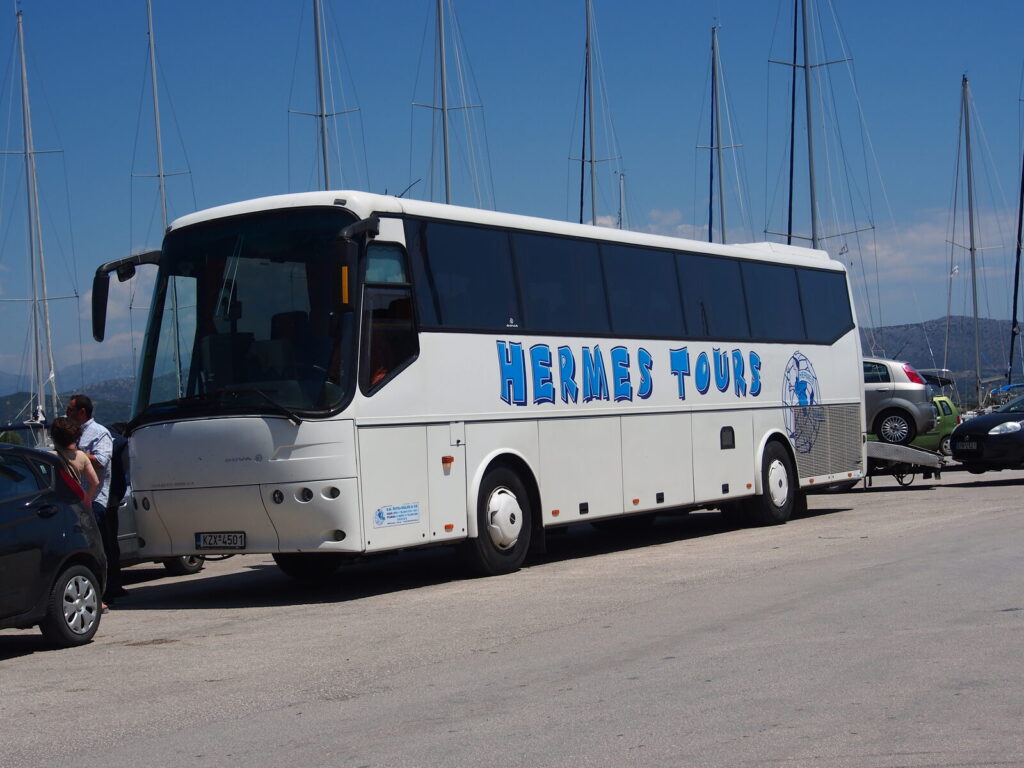 A modern tour coach used for group ground transport