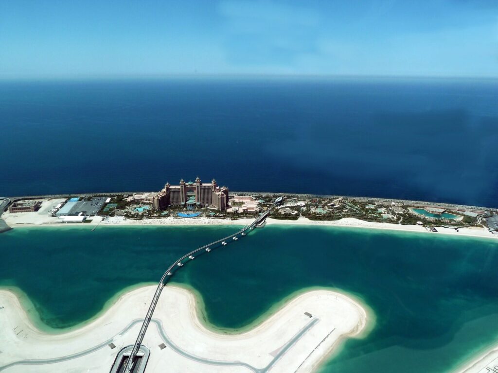 Aerial view of Palm Jumeirah and the Atlantis resort in Dubai