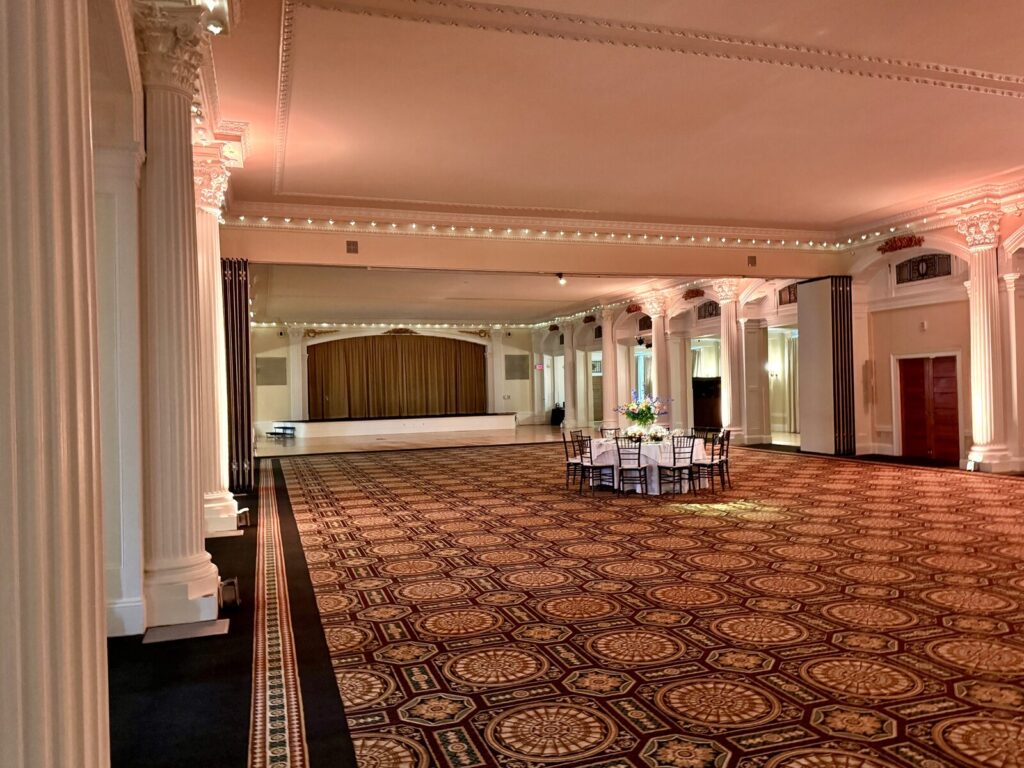Hotel ballroom set for an incentive gala dinner