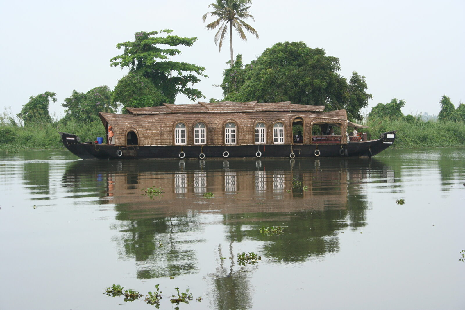 Traditional houseboat on the Kerala backwaters, lush and green during the monsoon