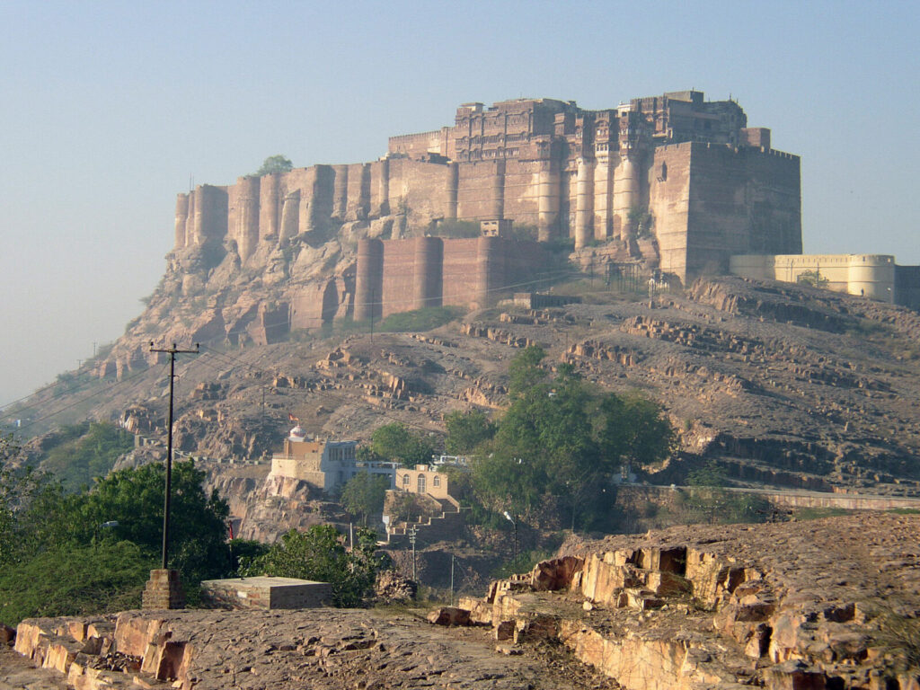 Mehrangarh Fort rising above Jodhpur in Rajasthan, India