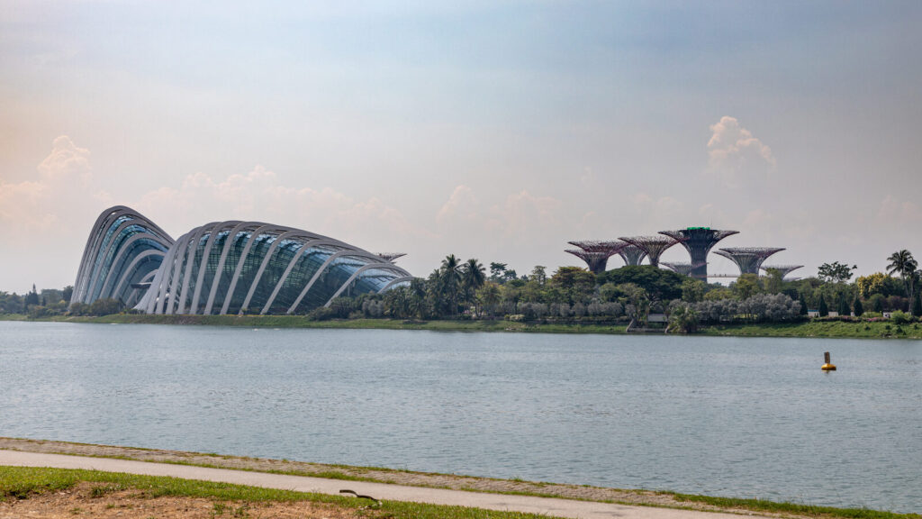 Gardens by the Bay glass conservatory domes seen across the water in Singapore