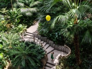 Landscaped garden and stone walkway in the grounds of Shangri-La Singapore