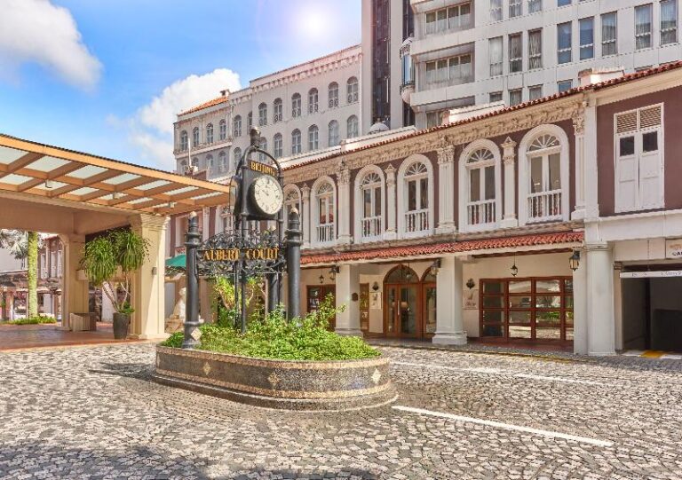 Shophouse courtyard and clock outside Village Hotel Albert Court Singapore